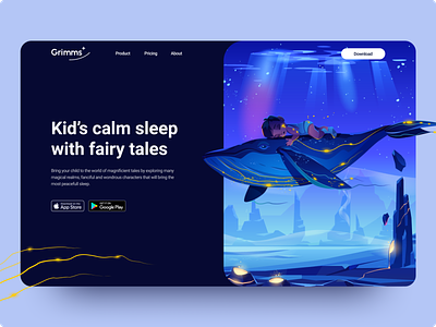 Grimms home page design app blue dark design fairy tales home page illustration kid kids minimal minimalistic tales ui ux web page