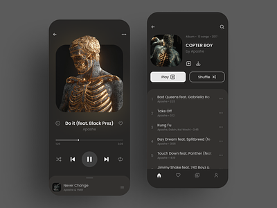 Musical player app apashe app cool dark dark mode design gold illustration library list minimal minimalistic mobile app musical player player playlist skeleton song ui ux