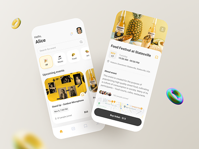 Events mobile app 3d booking card design event events festival light list minimal minimalistic ticket tickets ui ux yellow