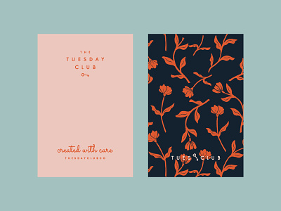 The Tuesday Club - Created With Care brand branding branding design cute feminine floral floral pattern flower pattern flowers leave behinds logo minimal pattern pattern design pin backs pink print print design print ready spring