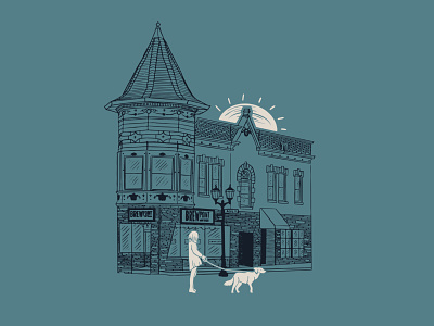 Brewpoint Coffee Founders Location blue brick building building illustration coffee coffee shop coffee shop illustration cute illustration cute illustrations dog girl illustration illustration art location illustration merchandise puppy sun venue illustration walking dog wedding venue