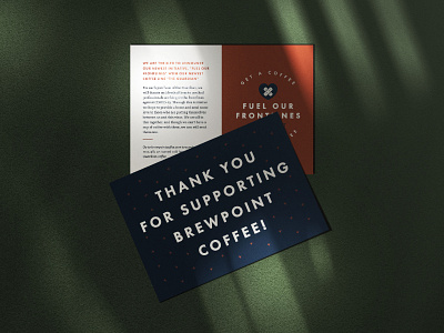 Fuel Our Frontlines Postcard | Brewpoint Coffee brewpoint coffee care coffee shop coronavirus covid 19 donate donation first aid flyer design futura give back initiative medical postcard postcard design typography