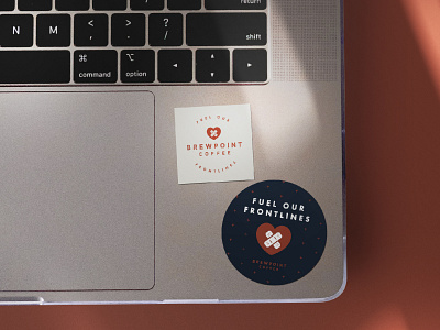 Fuel Our Frontlines Stickers | Brewpoint Coffee brand brewpoint coffee care coffee shop coronavirus covid 19 donate first aid fuel our frontlines give back logo lockup logo stamp medical workers merchandise mockup sticker design stickers swag