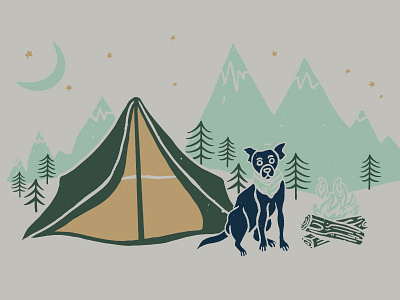 Camping Dog | Grounds & Hounds camp site camping camping dog cute dog dog bandana dog illustration fire puppy tent