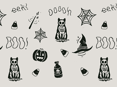 Spooky Skele-Cat Pattern black and white boo candy corn cat halloween pattern poison pumpkins skeleton skeleton cat spider webs spooky