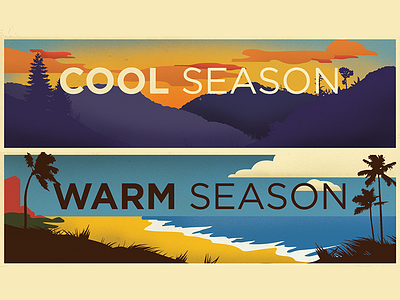 Cool/Warm Season beach illustration mountains nature outdoors pines retro sky typography vector vintage