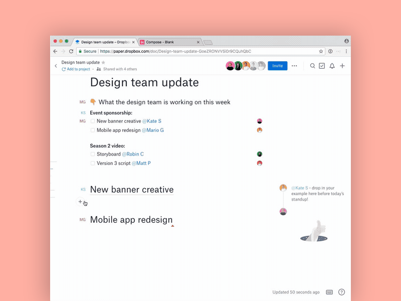 Reviewing designs and prototypes in Dropbox Paper collaboration dropbox paper embeds feedback integrations invision process review sketch