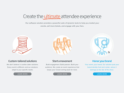 CrowdTorch Homepage - "Ultimate Experience" Row crowdtorch events flat flat colors html icons line art lineart marketing mobile responsive ticketing