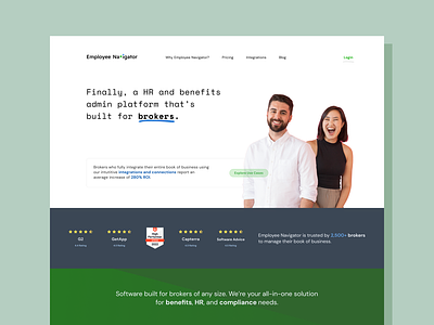Employee Navigator Speculative Landing Page v1 benefits branding broker green homepage hris landing page marketing rebrand visual design