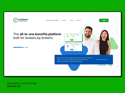 Employee Navigator Speculative Landing Page v3 administration benefits branding colorful employee flat shadow green home page hris insurance landing page marketing navigator