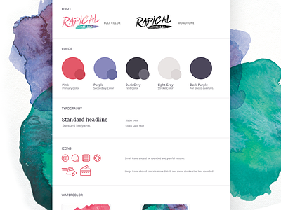 Radical Thread Style Guide brand guide bright colors pink radical thread rebrand style guide typography watercolor