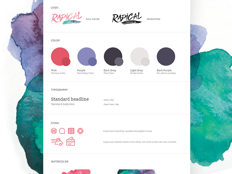 Radical Thread Style Guide watercolor pink bright typography colors brand guide style guide rebrand radical thread