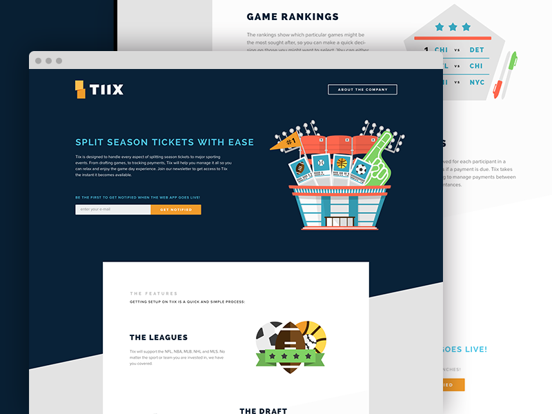 TIIX Marketing Site baseball basketball clean flat football illustrations marketing soccer sports stadium tickets web design