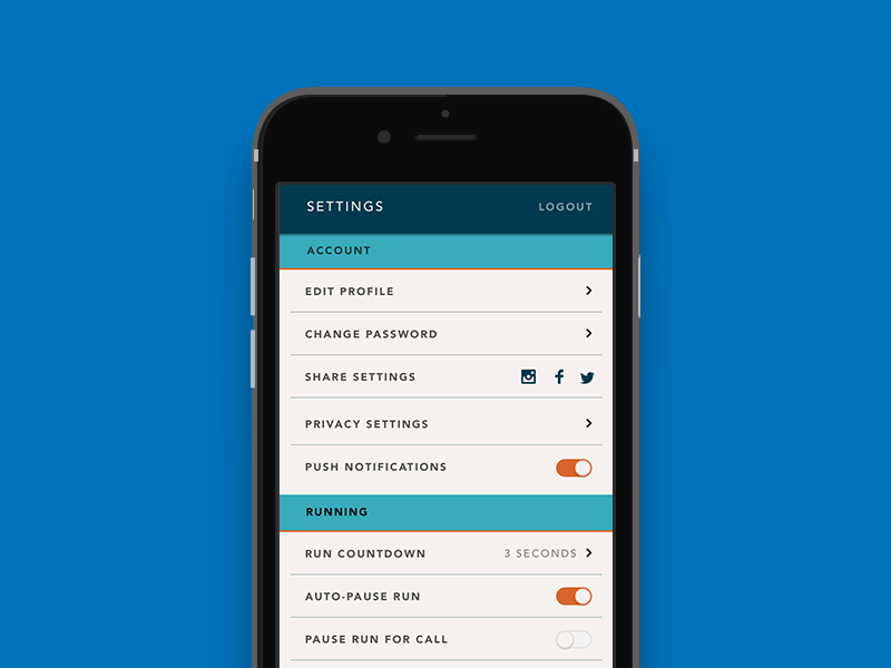 Settings: Day 007 blue dailyui iphone menu running settings ui
