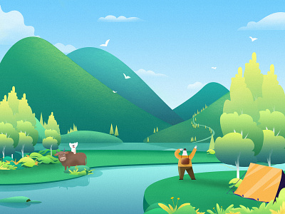 Qing Ming Festival animal art bear character cow design festival flower illustration lawn mountain people plant river tent travel tree ui vector water