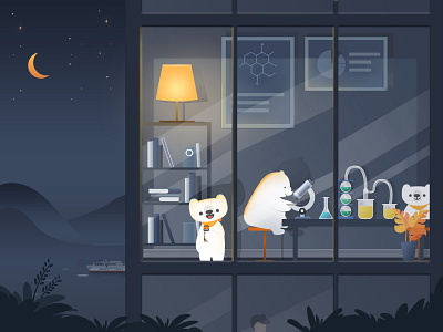 Working at night animal art bear bookshelf character design experiement home illustration lamp microscope office reagent science ui vector water