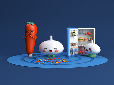 A crying garlic 3d art c4d candy carrot character characterdesign cinema4d color concept cry design food fruit hamburger illustration kitchen refrigerator ui web