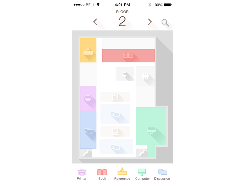 iOS App Interface shool building room study map interior map long shadow iphone library