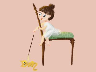 Little girl and cat animation design illustration