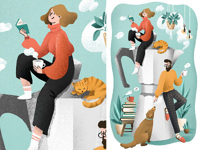 Illustration for calendar art character coffee couple cozy dog familu home illustration illustrator winter