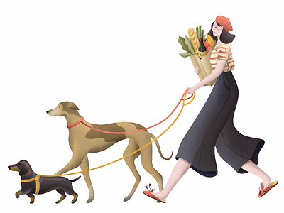 French company art beret dachshund dog food french girl greyhound grocery health illustration shopping style walk woman