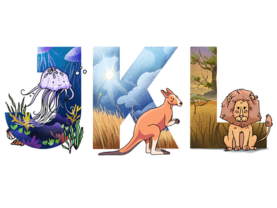 Alphabet: jellyfish, kangaroo, lion a z abc animal book children illustration illustrator kid lettering nursery typography