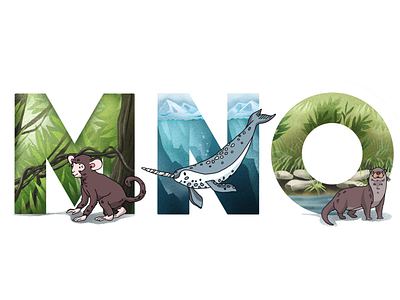 Alphabet: monkey, narwhal, otter 36daysoftype a z abc animal book children illustration illustrator kid lettering nursery typography