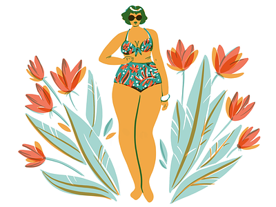 I am beautiful body diversity female feminist flower illustration illustrator positive poster retro self summer swimsuit woman