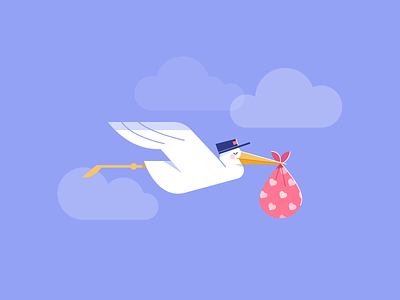 Delivery arrival baby bird branding character delivery flatdesign flight healthcare app illustration midwife newborn stork stroke illustration vector