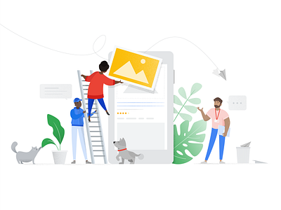 Collaborative Ad Building ads building cat character character art collaborate device digital dog flat floral grain illustration mobile office plants teamwork texture ui vector