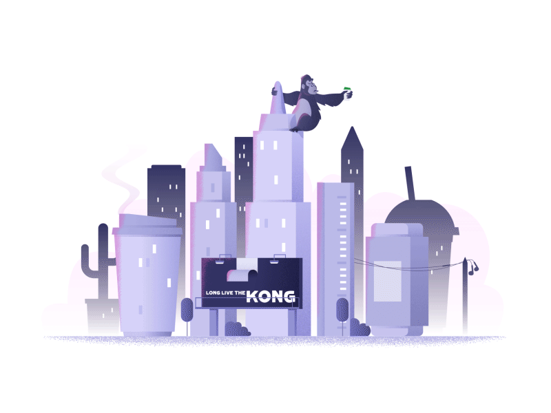 Long Live The KONG! animation art billboard character cityscape clouds coffee digital gif gorilla grain illustration king kong lights movie paper plans scene stationary textures vector