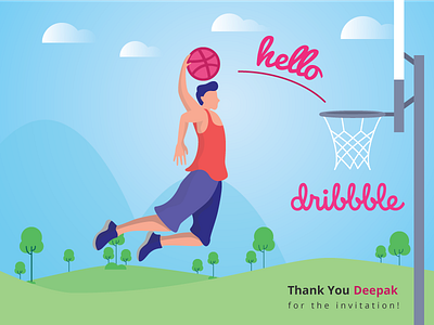 Hello Dribbble! basketball debut illustration player thank you card
