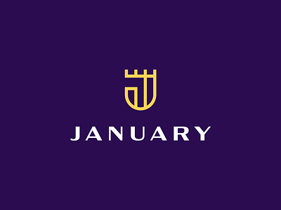 January brand design brand icon brand identity branding castle classy design heraldic iconic logo identity j january letter j logo design logo designer purple logo real estate logo smart logo visual identity yellow logo