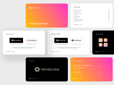 Mindscribe - Brand guidelines brand and identity brand design brand guide brand guideline brand guidelines brand guides brand identity brandbook branding branding design branding studio gradients guidelines logo design orange smart by design startup branding startup logo swirl tech logo