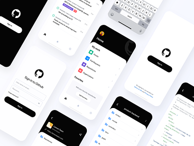 Github App Redesign (Concept) app black clean dark files github home ios issues login mobile modern repositories tabs tickets ui ui kit uiux user interface ux