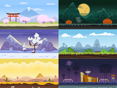 Set of game backgrounds app background background desert game game background halloween illustration landscape nature snow