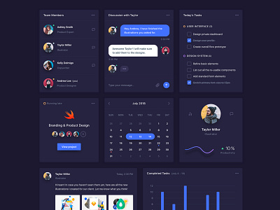Collaboration widgets (Dark Mode) calendar cards chat collaborate collaboration comments design feedback team widget