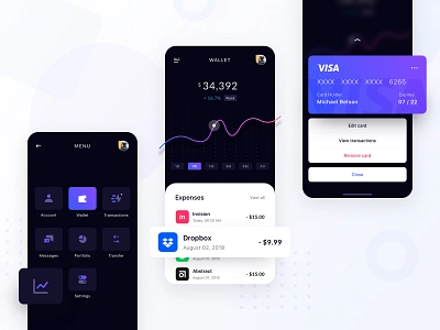 Wallet App app bank banking black chart clean credit card dark expenses finance fintech ios iphone menu modern navigation transactions ui wallet wallet app