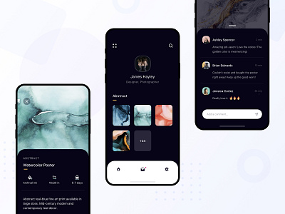 Mobile App - Concept abstract clean collections comment commenting comments dark dashboard details ios mobile modal modern painting photos poster product profile ui ux