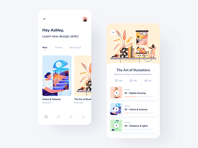 Learn new design skills cards clean course courses design courses e-learning elearning illustrations ios learn lessons light modern pastel progress study tips tutorial tutorials videos