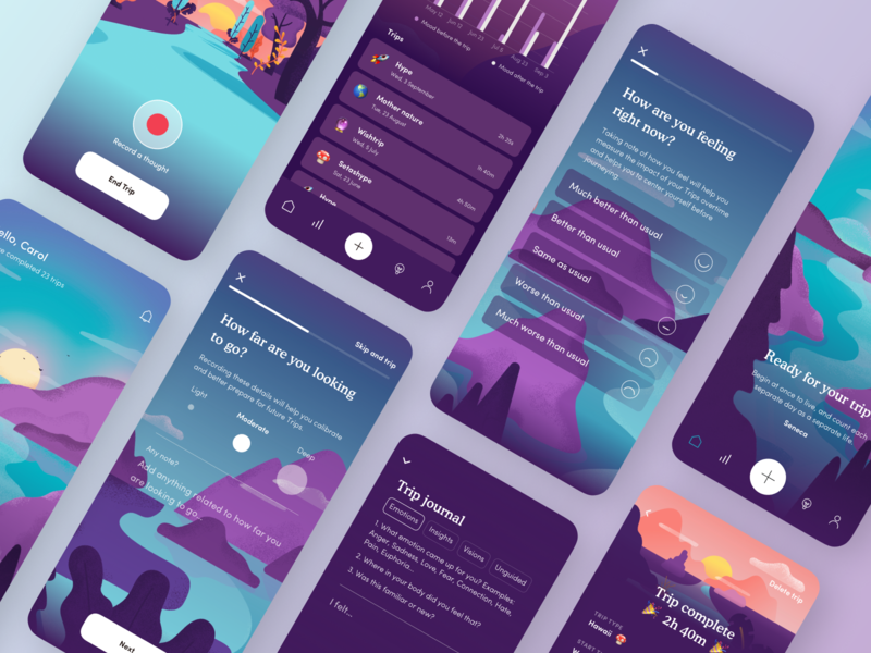 Trip — Mental Health Application app application consciousness consciousness-expanding dailyui design digital products feelings health journal landscape mindfulness personal growth psychedelics trip tripping ui ux wellness z1