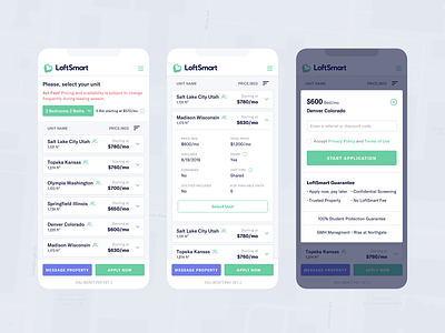 LoftSmart - Select Unit accordion apply now card detail detail page fixed buttons market place marketing material design mobile modal product card properties property page rating responsive search searcher ui design z1 digital studio
