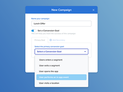 Conversion Goal Feature blue campaign conversion dropdown goal gradient platform success ui web