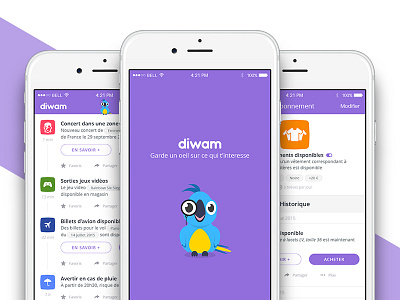 Diwam app diwam flat mascot parrot personnalized purple service ui ux