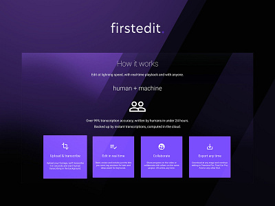 Firstedit Features landing page purple ui video app web