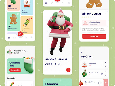 Christmas app 🎄🎁 3d app christmas clean concept creative design ecommerce gift holidays illustrations mobile presents santa santa claus ui uiux ux winter
