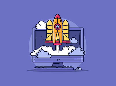 Rocket 🚀 blog blog design branding clouds computer creative cute design dribbble flat design graphic icon illustration lineart minimal purple rocket space tech vector