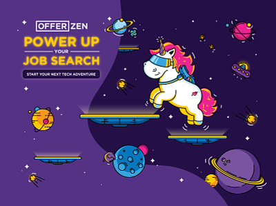 Power Up!🚀 banner branding design developer galaxy icon illustration levelup planets power purple rocket space tech unicorn vector