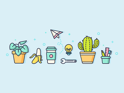 Office Icons banana branding business cactus coffee cute design dribbble flat fun graphic icon icon set illustration lineart minimal office plant stationery vector