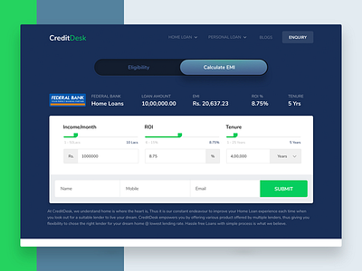 CreditDesk - EMI Calculator banking branding calculator contemporary creditdesk eligibility finance kabilansa modern ui ux website